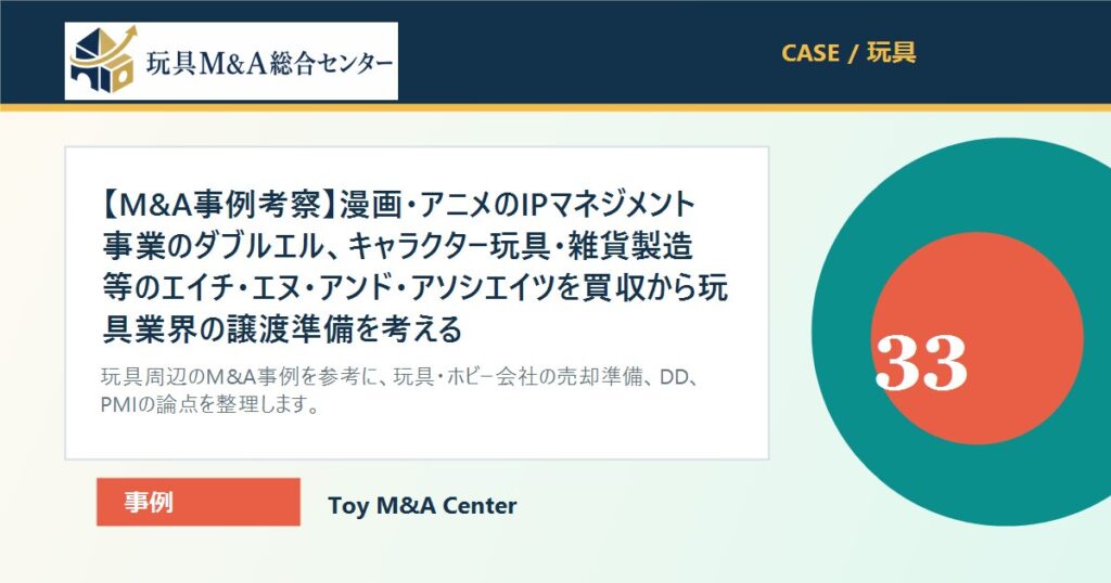【M&A事例考察】漫画・アニメのIPマネジメント事業のダブルエル、キャラクター玩具・雑貨製造等のエイチ・エヌ・アンド・アソシエイツを買収から玩具業界の譲渡準備を考えるのアイキャッチ画像