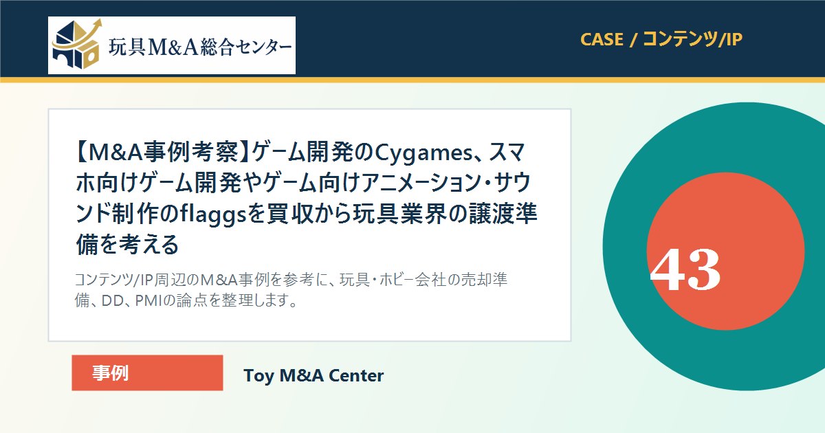 【M&A事例考察】ゲーム開発のCygames、スマホ向けゲーム開発やゲーム向けアニメーション・サウンド制作のflaggsを買収から玩具業界の譲渡準備を考えるのアイキャッチ画像