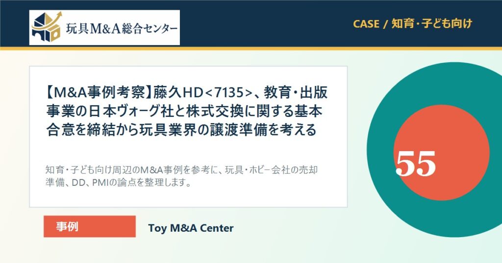 【M&A事例考察】藤久HD、教育・出版事業の日本ヴォーグ社と株式交換に関する基本合意を締結から玩具業界の譲渡準備を考えるのアイキャッチ画像