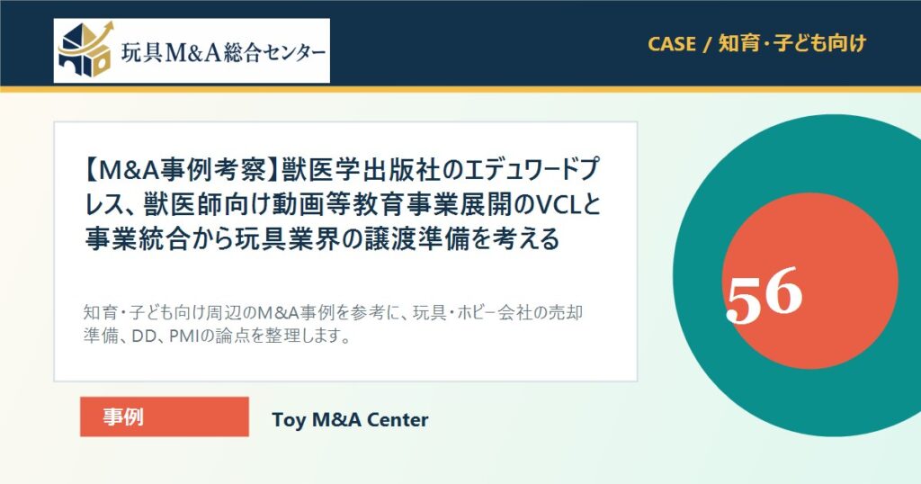 【M&A事例考察】獣医学出版社のエデュワードプレス、獣医師向け動画等教育事業展開のVCLと事業統合から玩具業界の譲渡準備を考えるのアイキャッチ画像
