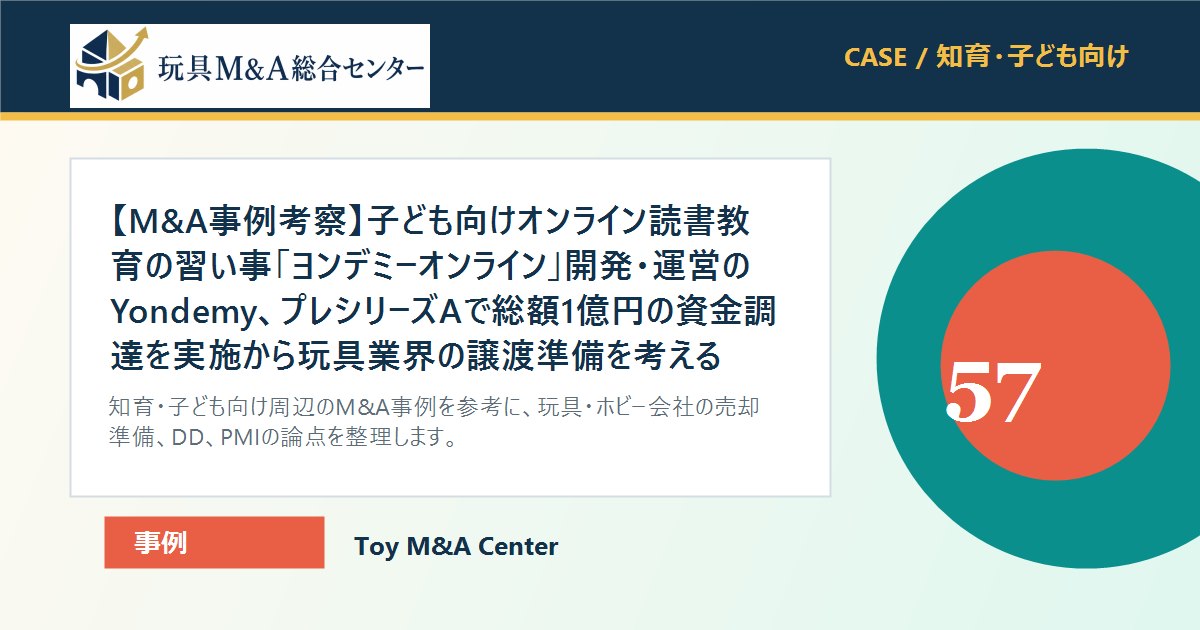 【M&A事例考察】子ども向けオンライン読書教育の習い事「ヨンデミーオンライン」開発・運営のYondemy、プレシリーズAで総額1億円の資金調達を実施から玩具業界の譲渡準備を考えるのアイキャッチ画像