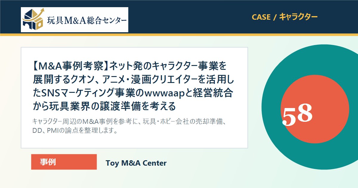 【M&A事例考察】ネット発のキャラクター事業を展開するクオン、アニメ・漫画クリエイターを活用したSNSマーケティング事業のwwwaapと経営統合から玩具業界の譲渡準備を考えるのアイキャッチ画像