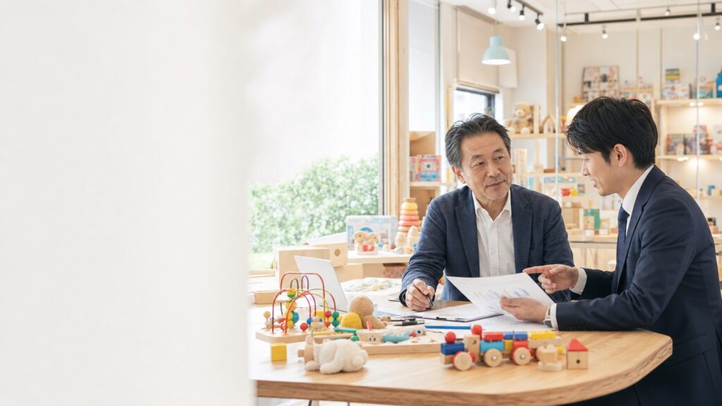 玩具メーカーの事業承継について相談する経営者とアドバイザー