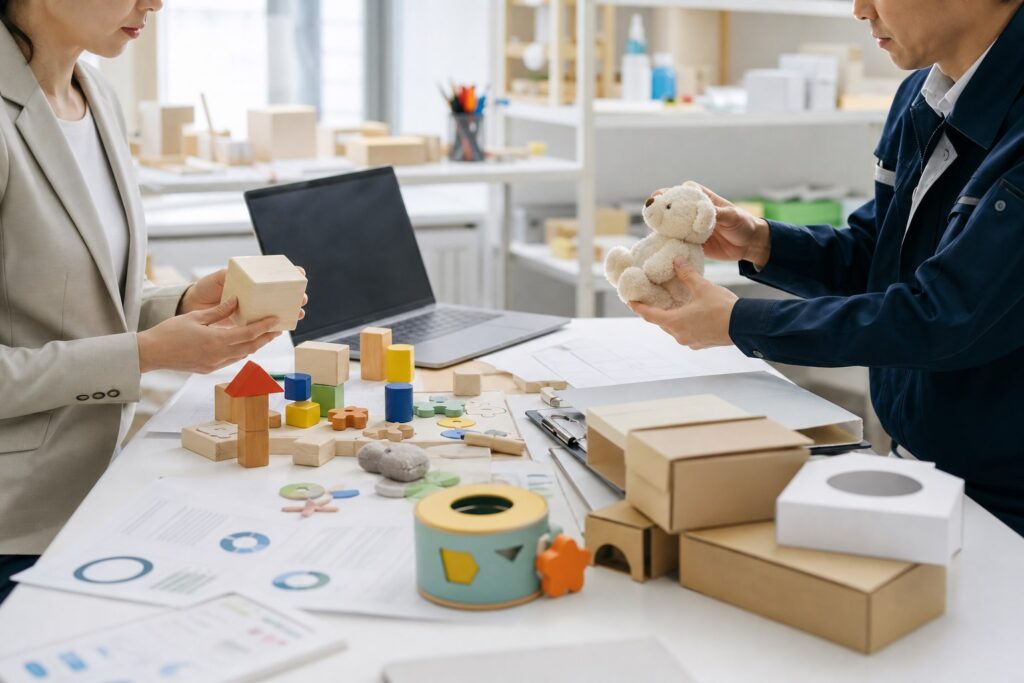 玩具商品の品質や包装を確認する様子