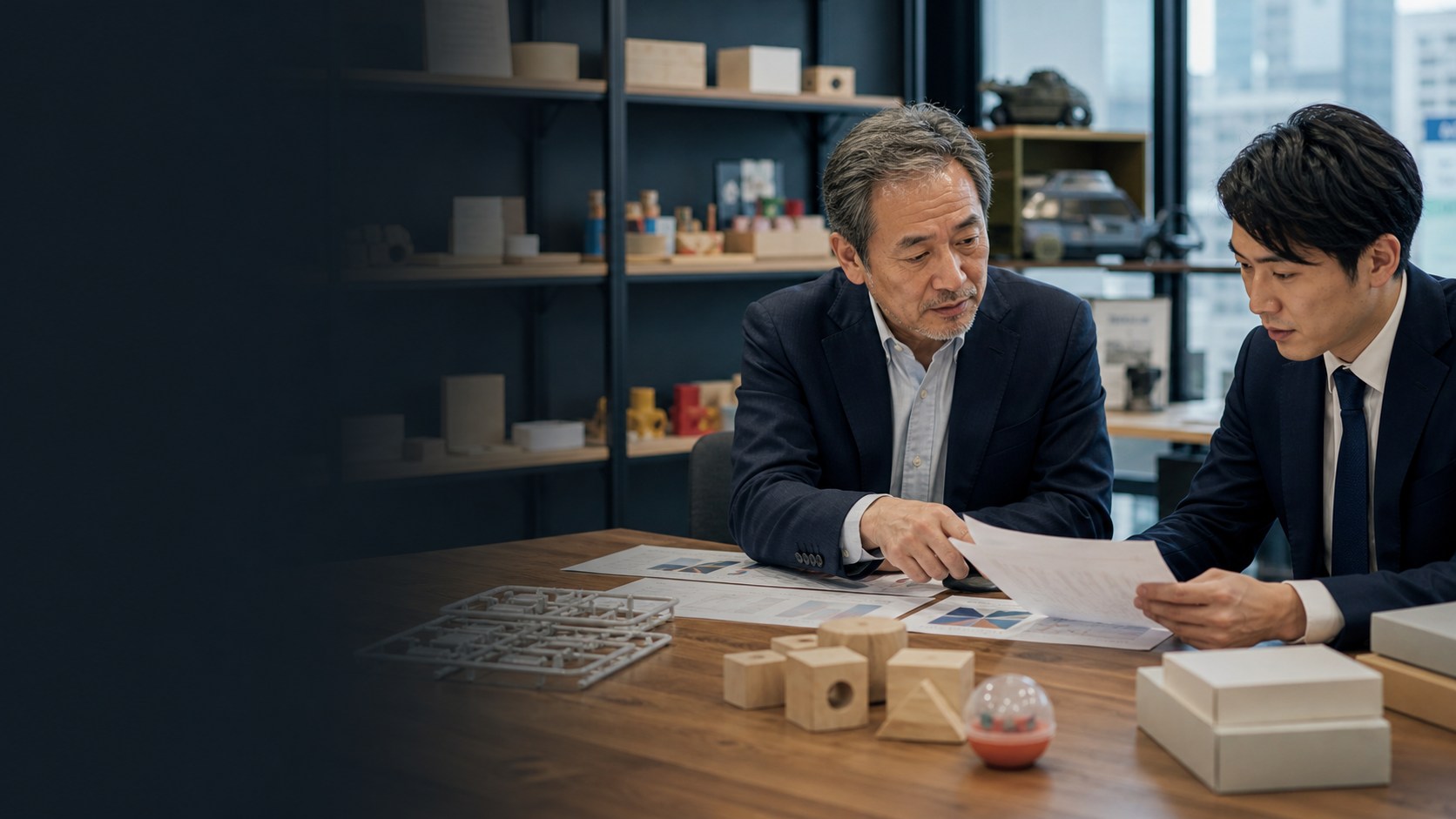 玩具・ホビー会社の事業承継について商品資料を確認する経営者とM&A担当者