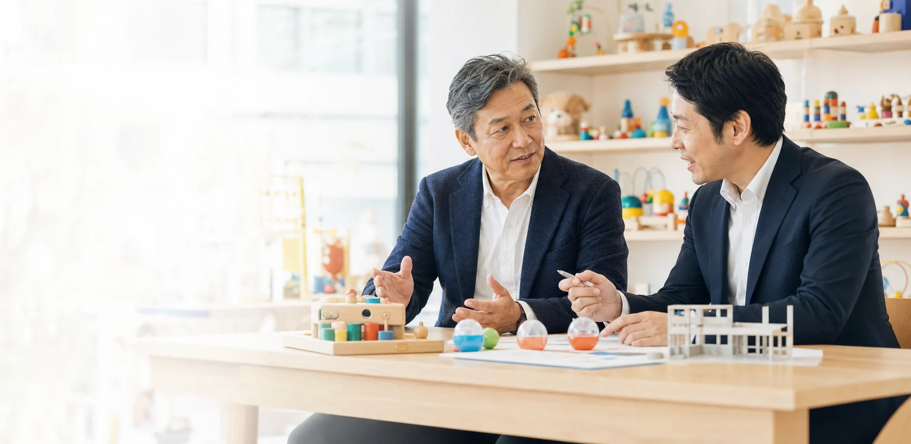 玩具会社の経営者とM&Aアドバイザーが玩具サンプルを前に事業承継を相談する様子