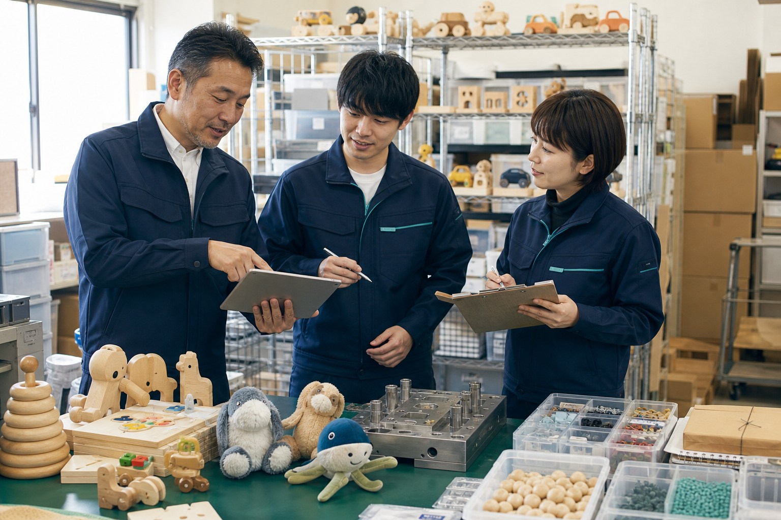 玩具会社の商品・品質・在庫の引継ぎを確認する経営者・後継者・担当者