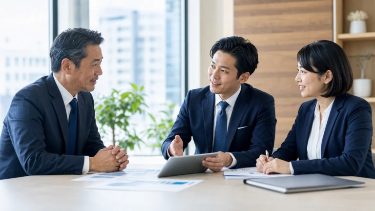 経営者と相談担当者が事業の引継ぎについて相談するイメージ
